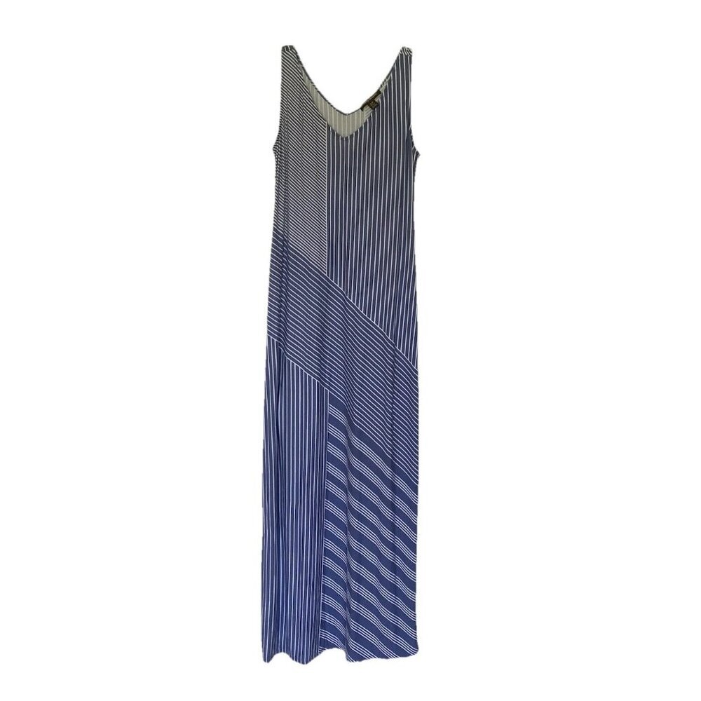Tommy Bahama Womens Blue Long Asymmetrical Sleeveless Blue Striped Dress Small